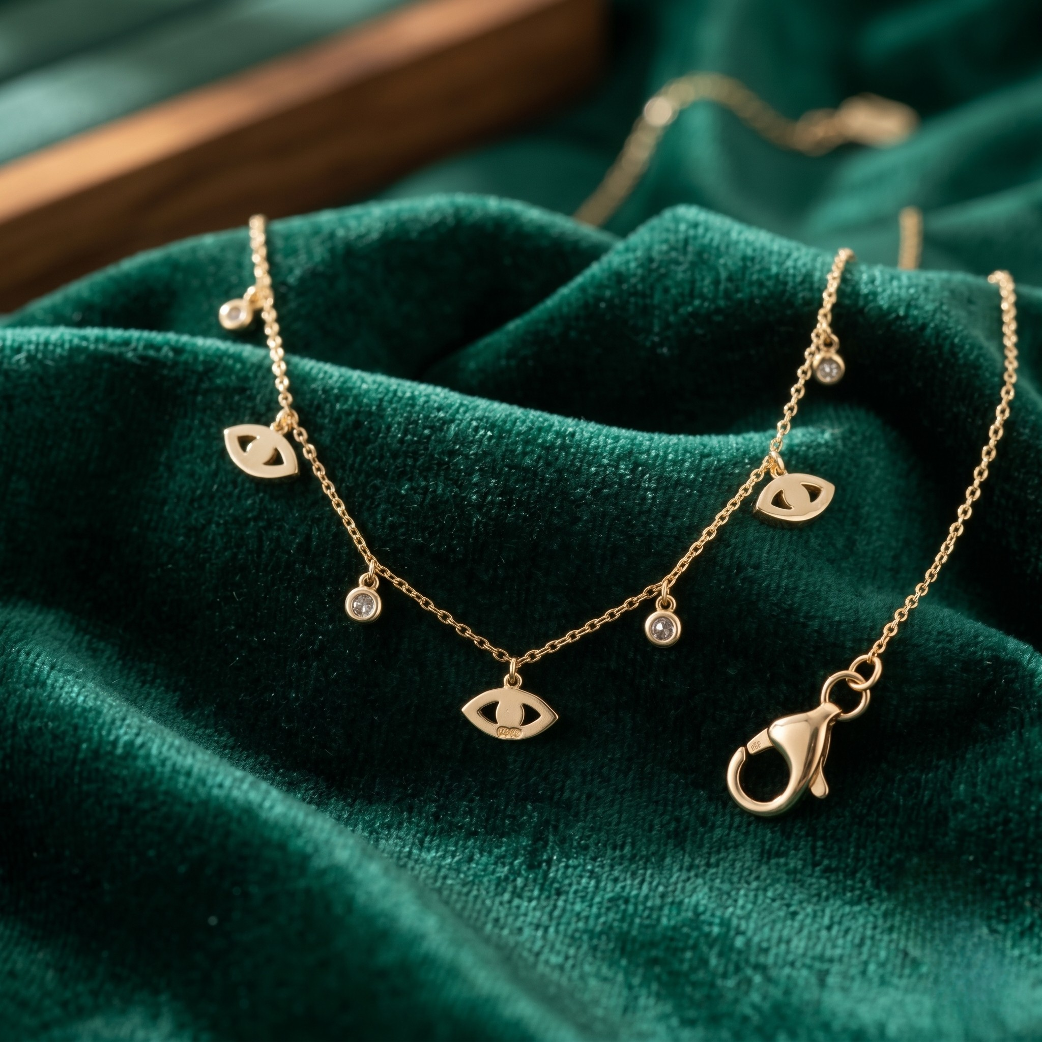 A delicate gold chain necklace with three small eye charms and tiny clear stones, displayed on draped emerald green velvet fabric.