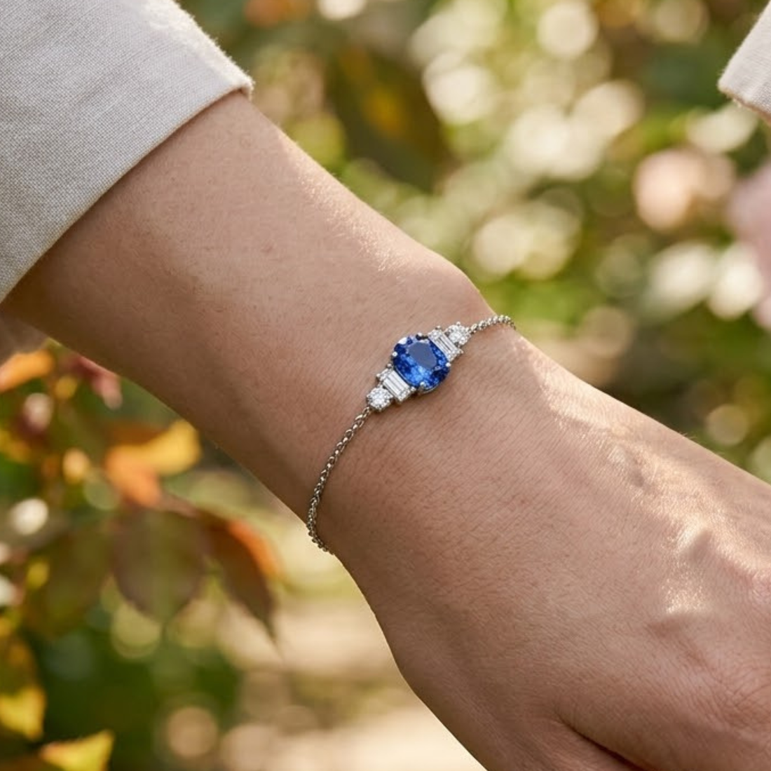 1.18 CTW Oval Blue Gemstone & Diamond Station Bracelet
