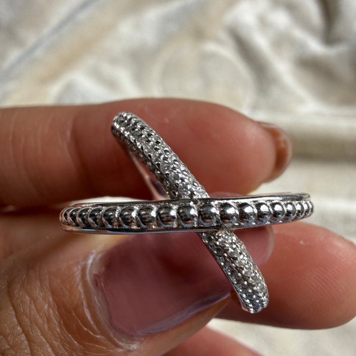 Criss-cross lab-grown diamond X ring in white gold by Kiashaa Jewellery.