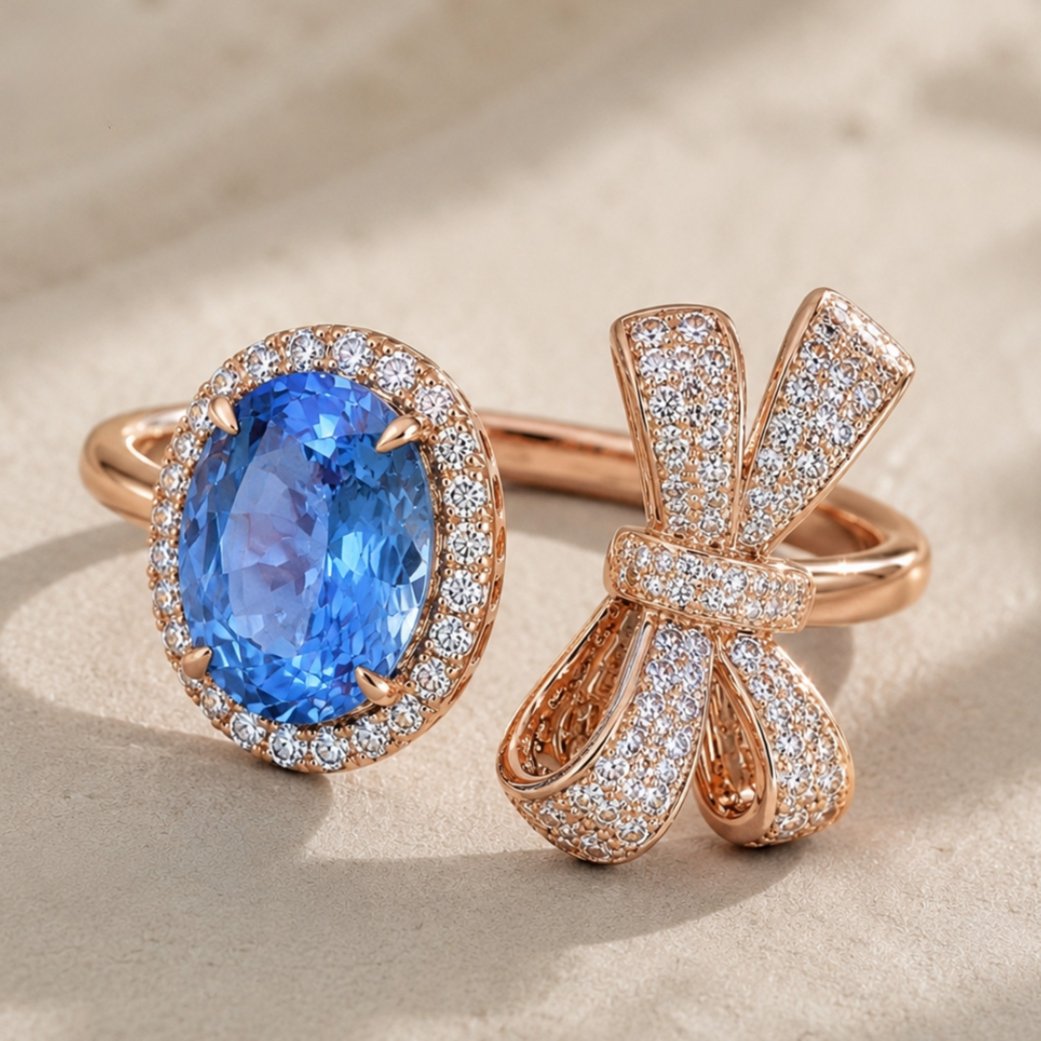 A rose gold ring set featuring an oval blue sapphire gemstone surrounded by a halo of small clear pavé stones, alongside a matching bow-shaped pavé ring, displayed on a neutral beige textured surface.
