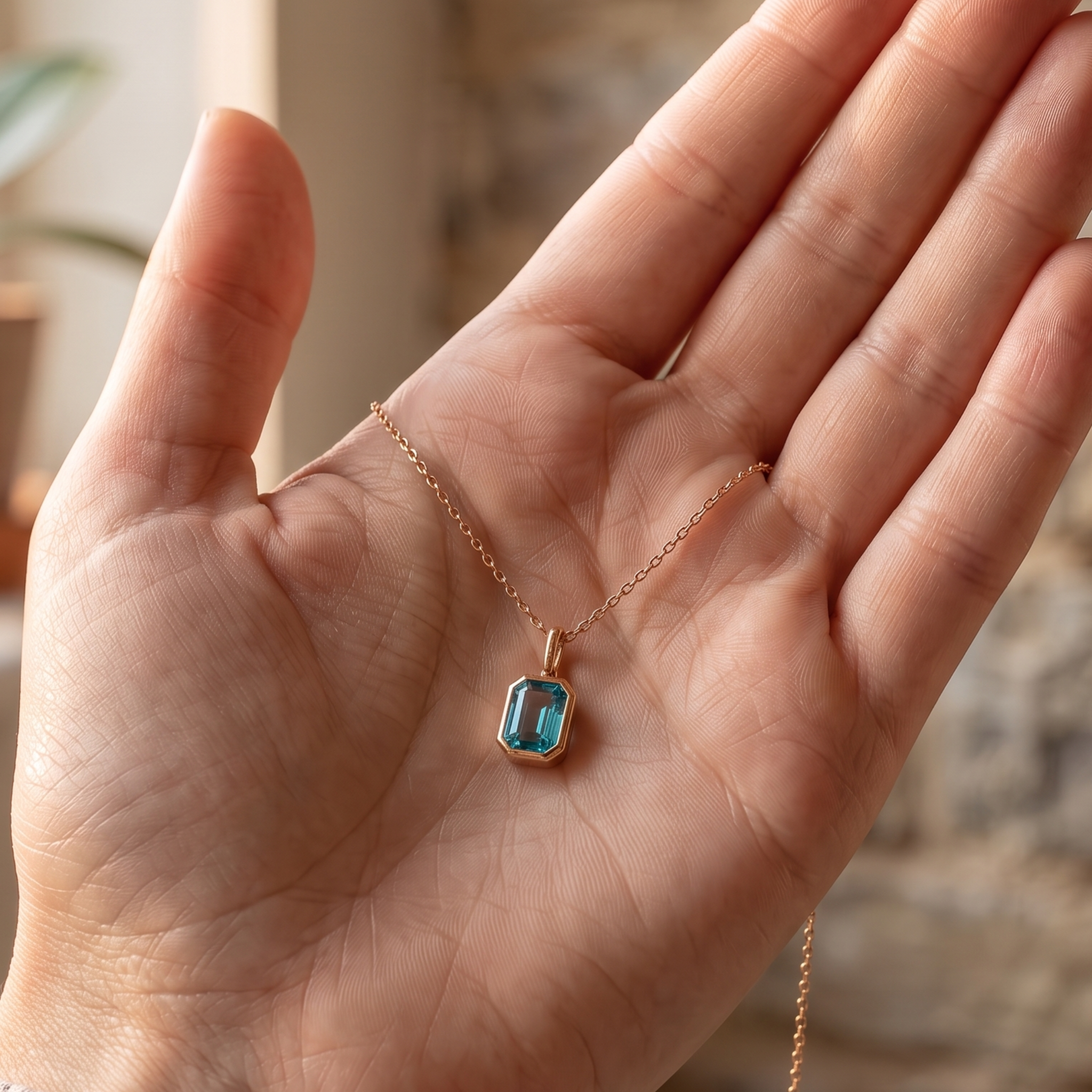 1.73 CT teal emerald-cut pendant necklace in polished yellow gold.