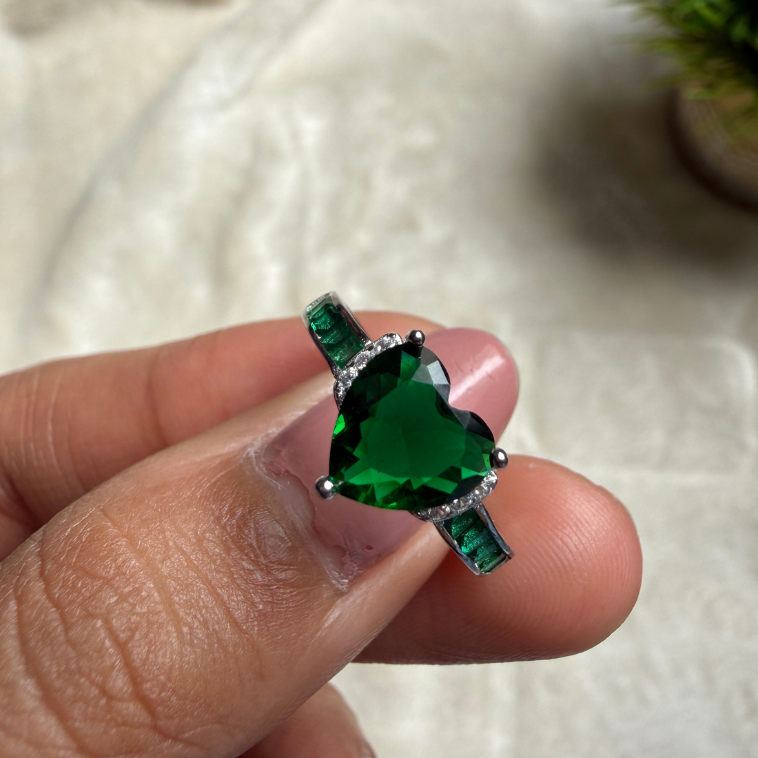 Green heart gemstone and lab-grown diamond ring in white gold by Kiashaa Jewellery.