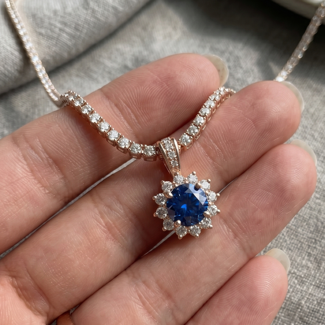 Royal Bloom 5 CT Blue Center Stone & Diamond Halo Pendant Necklace