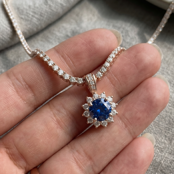 Royal Bloom 5 CT Blue Center Stone & Diamond Halo Pendant Necklace