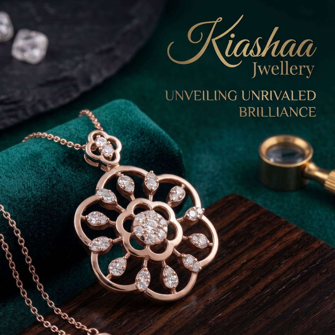 Rose gold floral pendant necklace with clear stones, displayed on a dark green velvet cushion with a chain, alongside a magnifying glass and the text 'Kiashaa Jewellery' on a dark background.