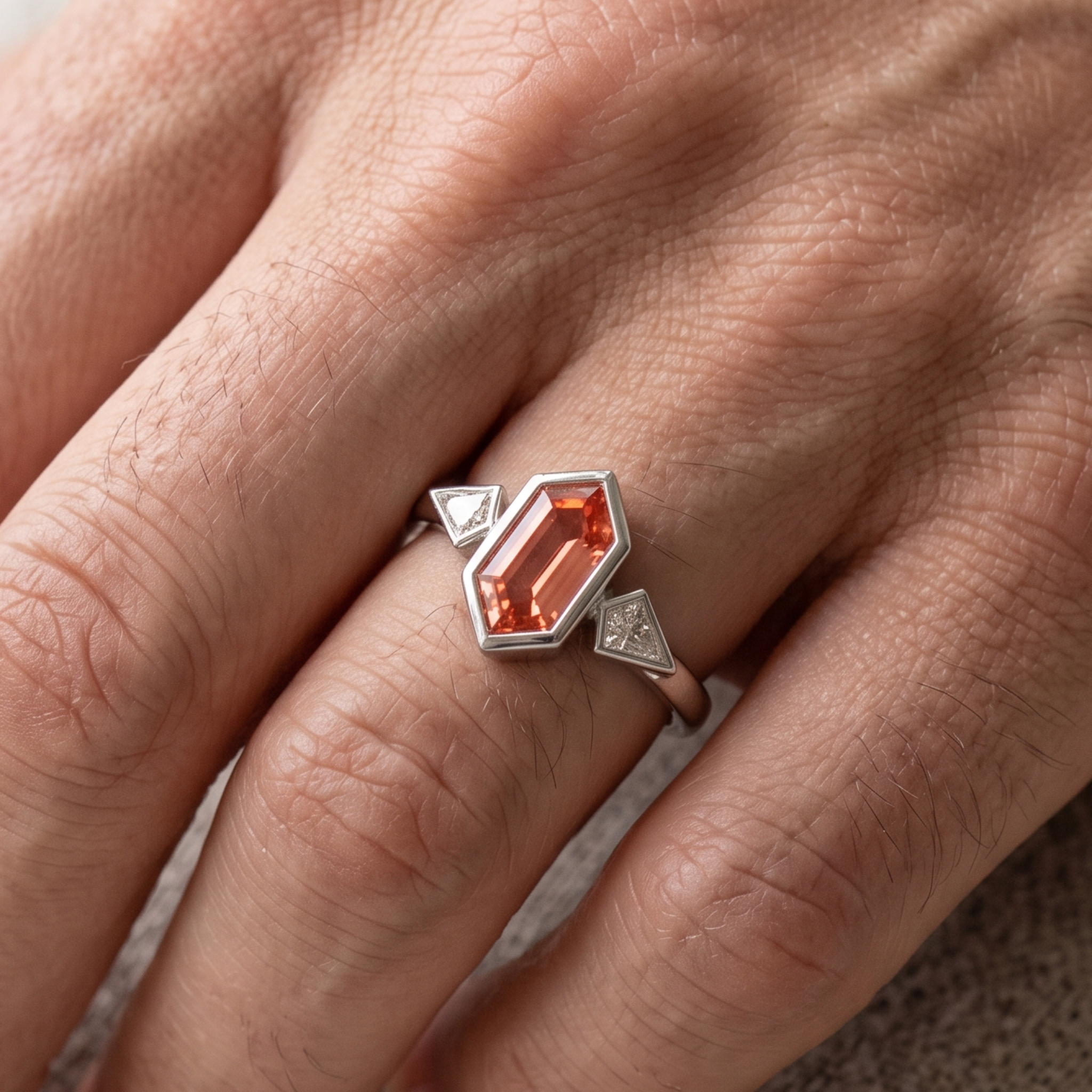 Kiashaa Jewellery 3 CTW pink geometric three-stone ring in polished yellow gold.