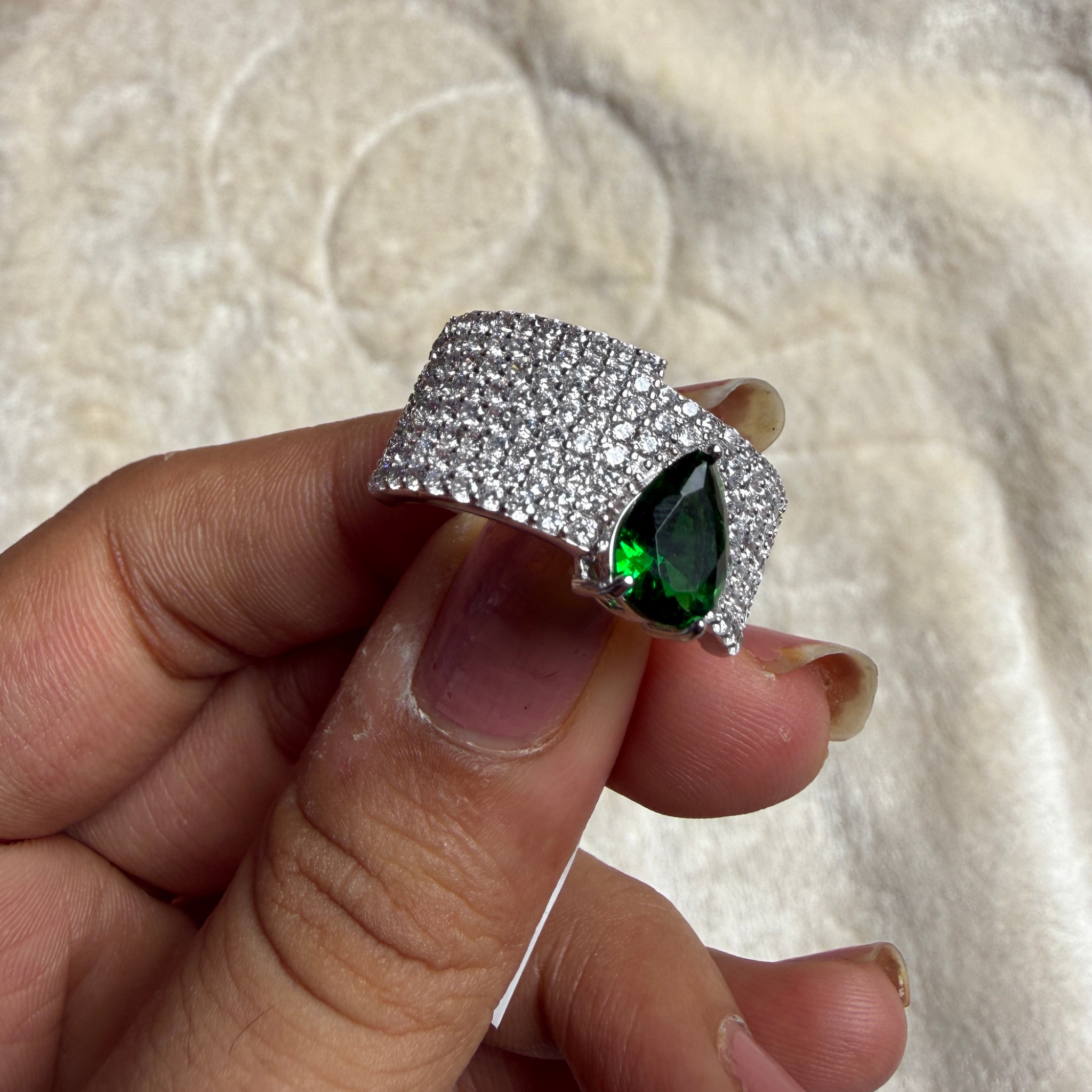 Green pear gemstone and pavé lab-grown diamond statement ring by Kiashaa Jewellery.