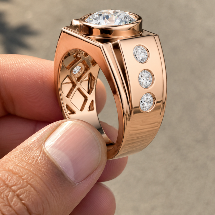 A close-up of a hand holding a rose gold ring with a large round clear gemstone and three smaller round gemstones on the band, set against a blurred gray concrete background.