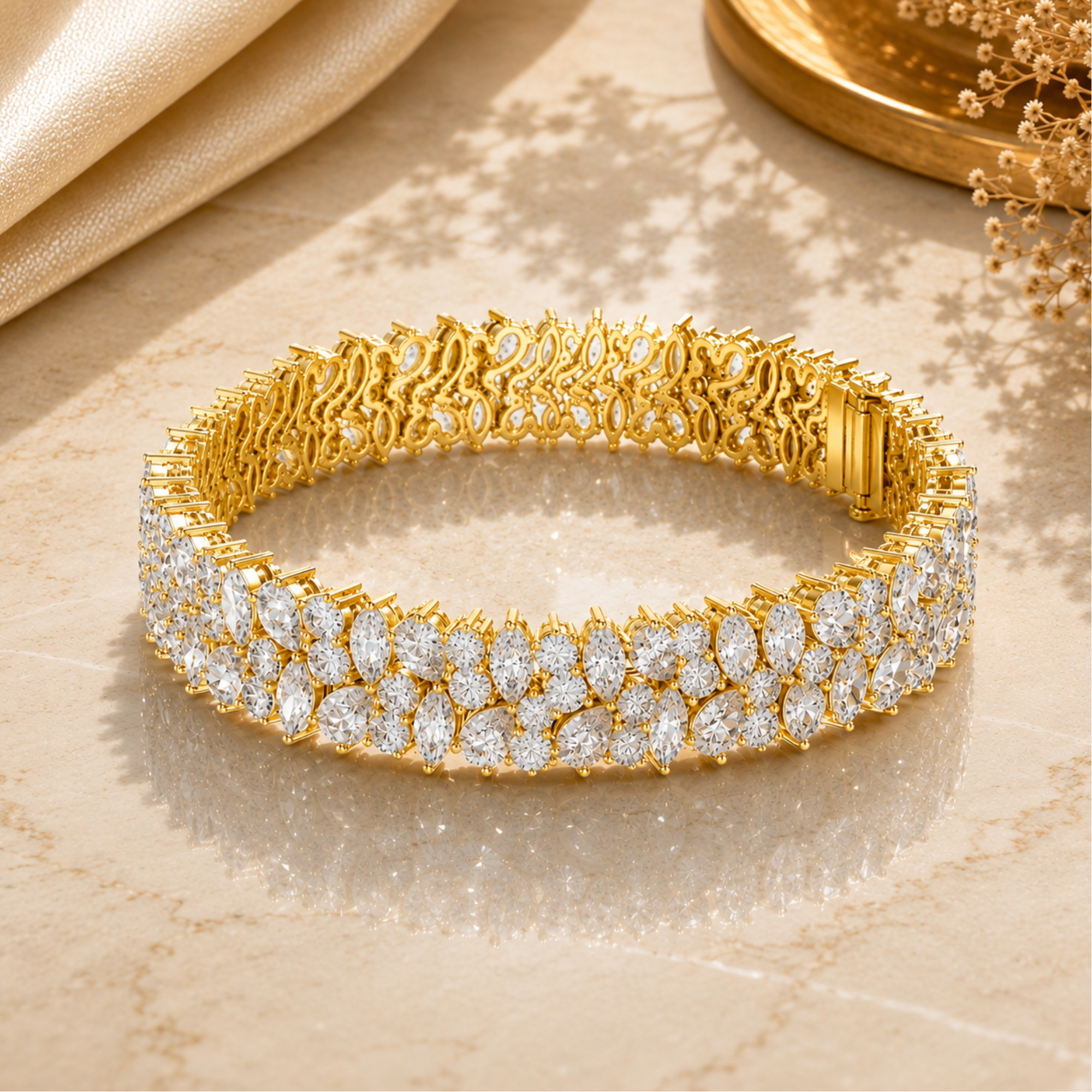 A gold tennis bracelet adorned with sparkling clear gemstones, displayed on a beige marble surface with elegant fabric and gold tray accents.