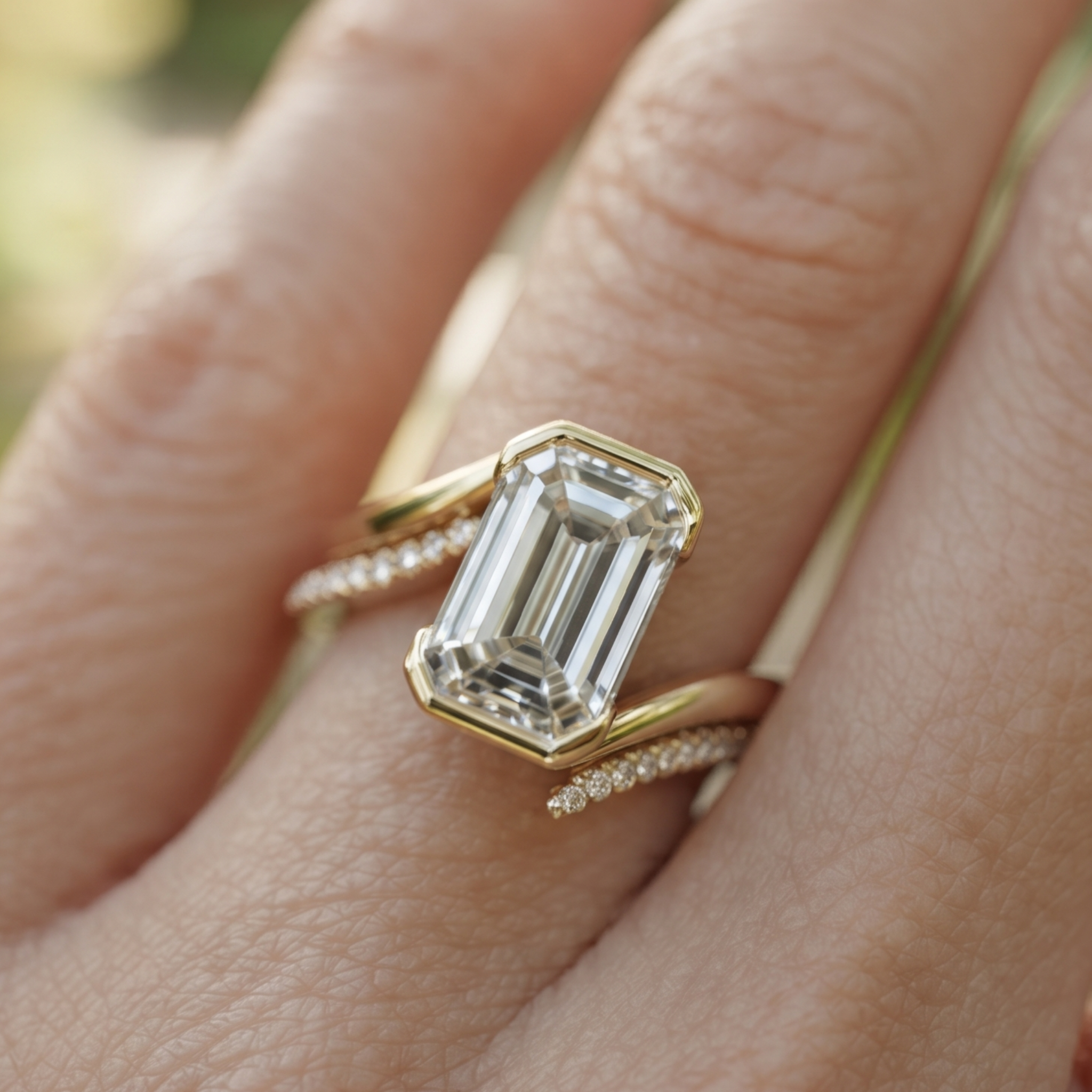 2 CT Emerald-Cut Diamond Bypass Ring with Pavé Accents in 14K & 18K Gold