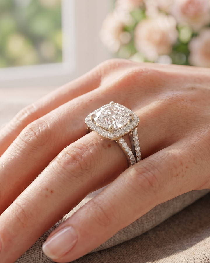 Rose gold ladies engagement ring by Kiashaa Jewellery with a round lab-grown diamond and sparkling halo.