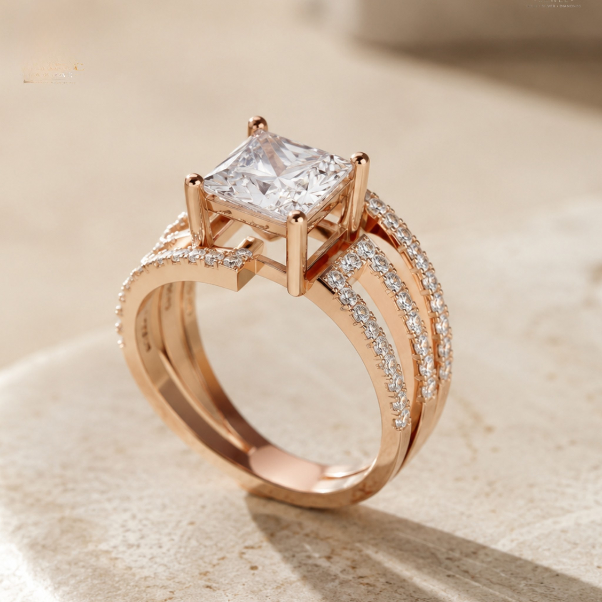 Rose gold double-band ring with a princess-cut clear center stone and pavé-set accent stones, photographed on a warm beige stone surface.