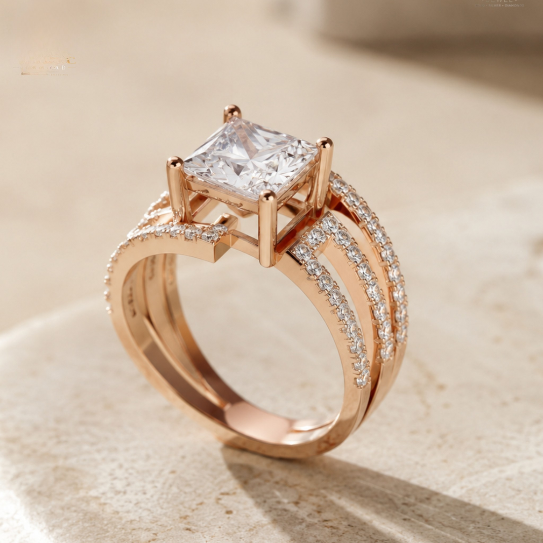 Rose gold double-band ring with a princess-cut clear center stone and pavé-set accent stones, photographed on a warm beige stone surface.