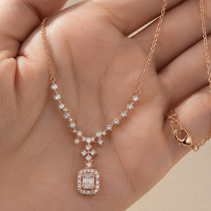 Celestial Cascade 2.50 CTW Round & Baguette Diamond Drop Necklace
