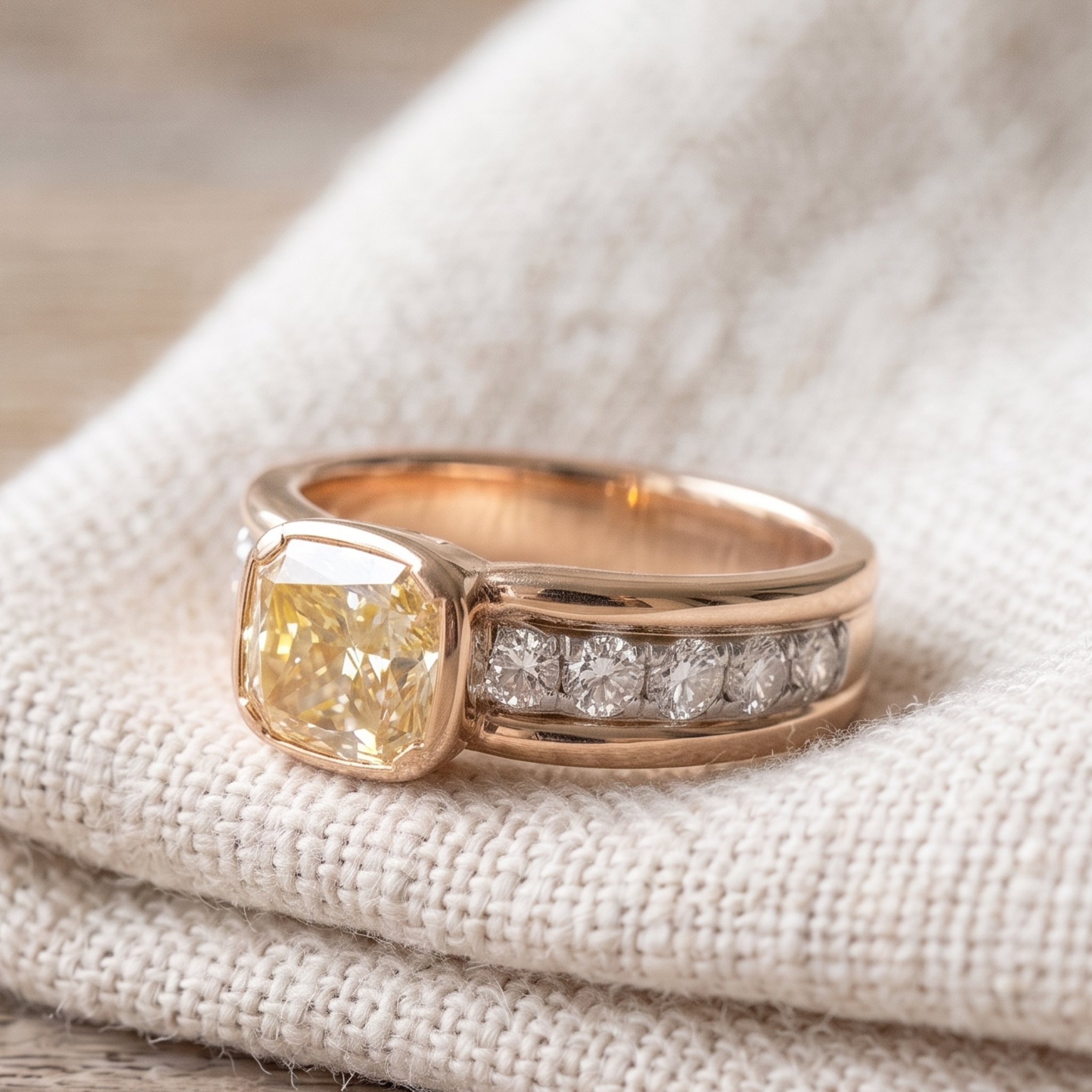 Golden Majesty 3.20 CTW Cushion Yellow Gemstone & Round Diamond Ring