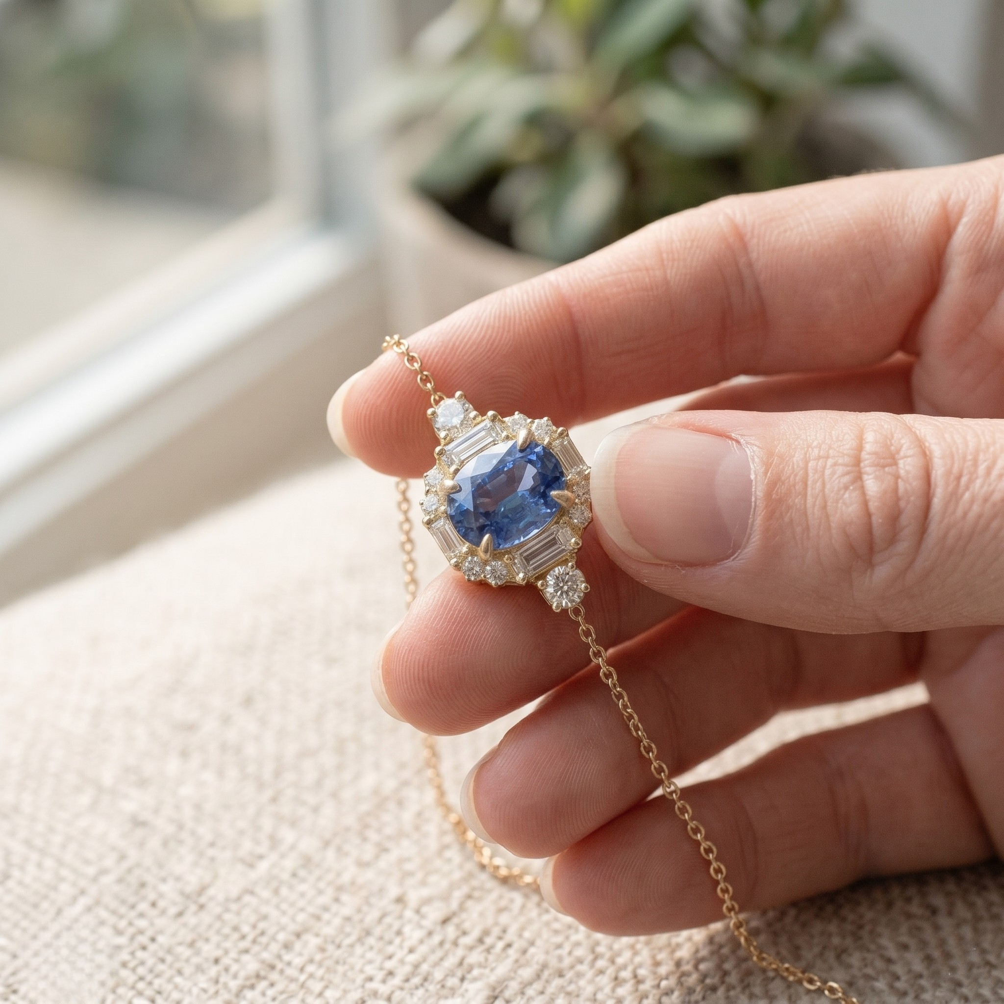 Blue oval gemstone halo bracelet with lab-grown diamonds by Kiashaa Jewellery.