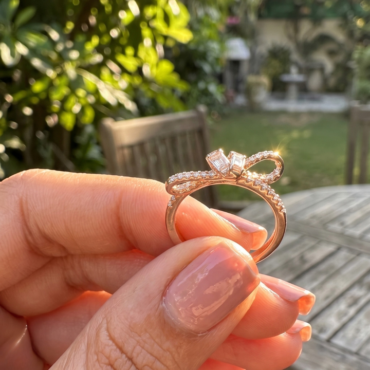 Luxury bow-inspired diamond ring handcrafted in 9K, 14K and 18K gold.