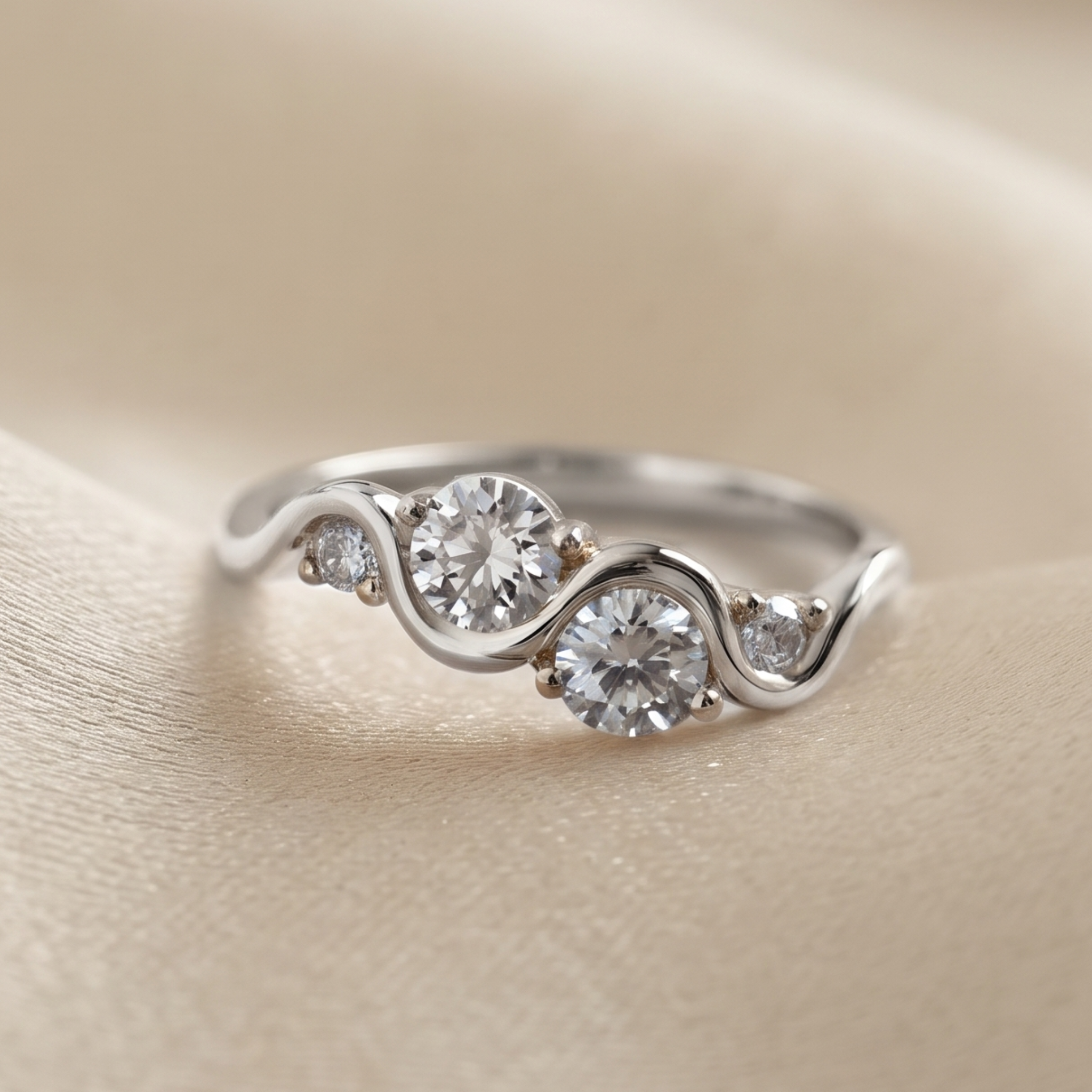 A gold ring with three round-cut clear gemstones set on a person's finger, shown in a close-up shot.