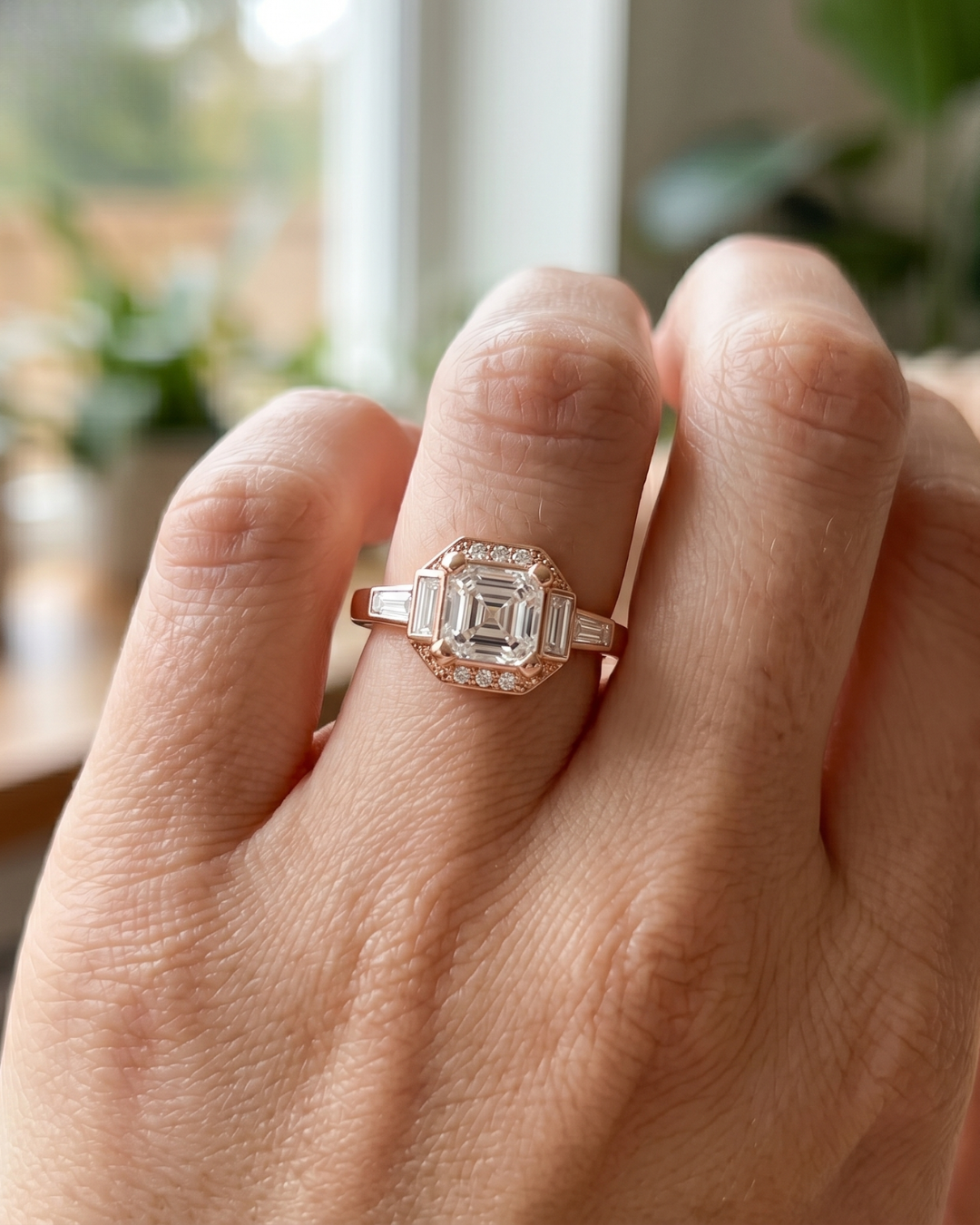 Close-up of radiant cut lab-grown diamond ring with baguette diamonds