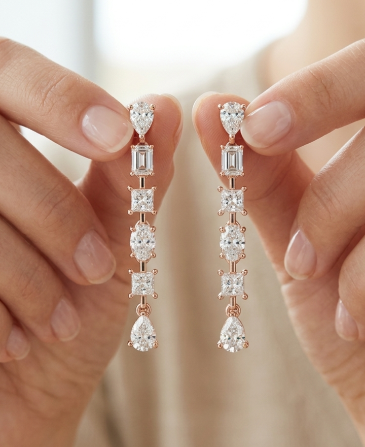 Bridal rose gold drop earrings featuring oval, emerald-cut, pear, and princess-cut lab-grown diamonds.