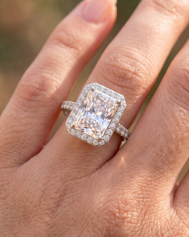 Kiashaa Jewellery radiant-cut lab-grown diamond ring in rose gold with halo setting for luxury occasions.