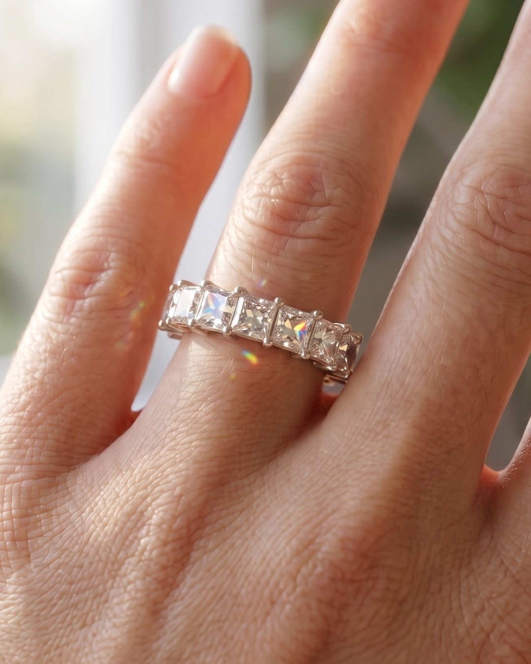 Rose gold lab-grown diamond eternity ring by Kiashaa Jewellery with princess-cut stones and premium finish.