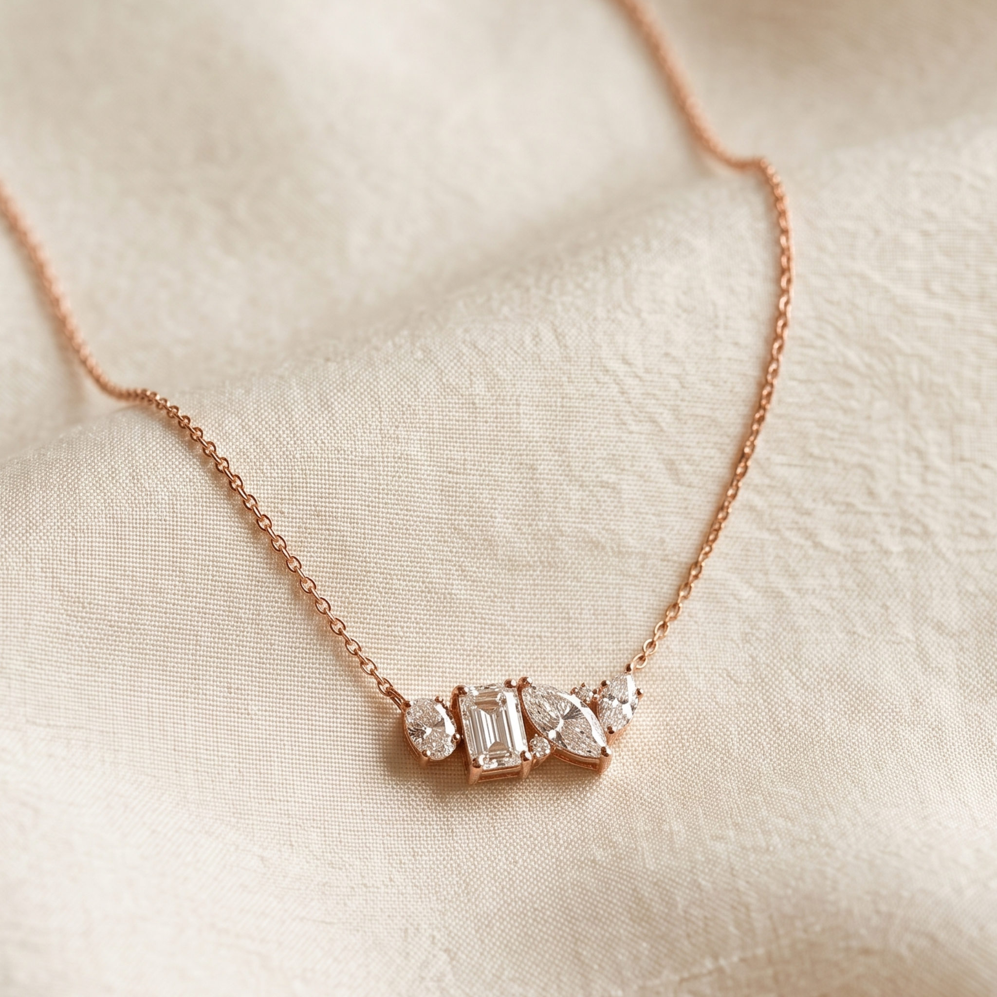 Kiashaa Jewellery 2.25 CTW multi-shape diamond cluster necklace in polished yellow gold.