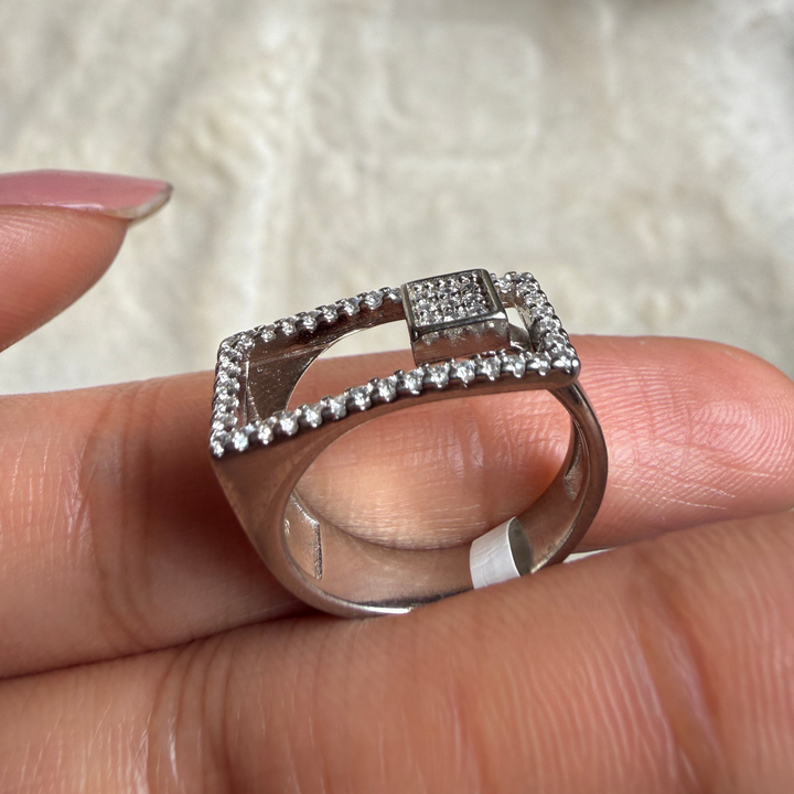 Geometric lab-grown diamond open rectangle ring in white gold by Kiashaa Jewellery.