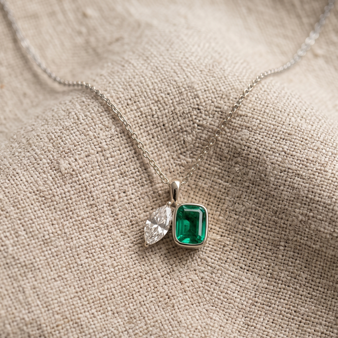 Kiashaa Jewellery 2.91 CTW cushion and marquise pendant necklace in polished yellow gold.