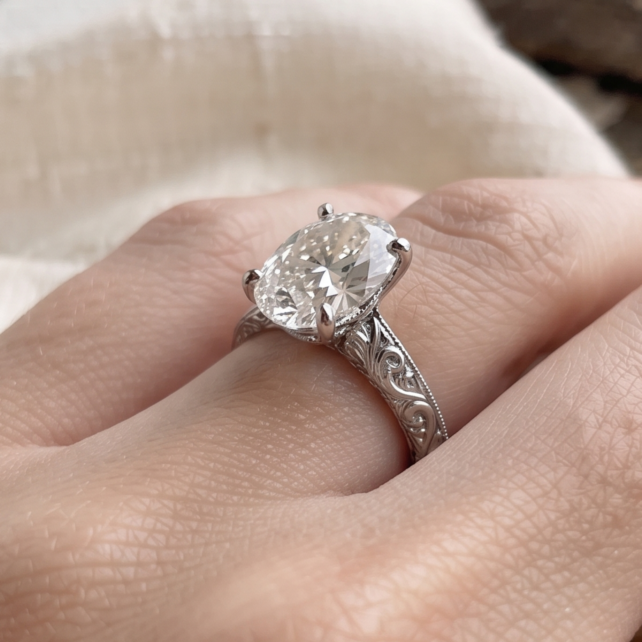 Vintage-Inspired 3 CT Oval Diamond Engraved Solitaire Ring in 14K & 18K Gold