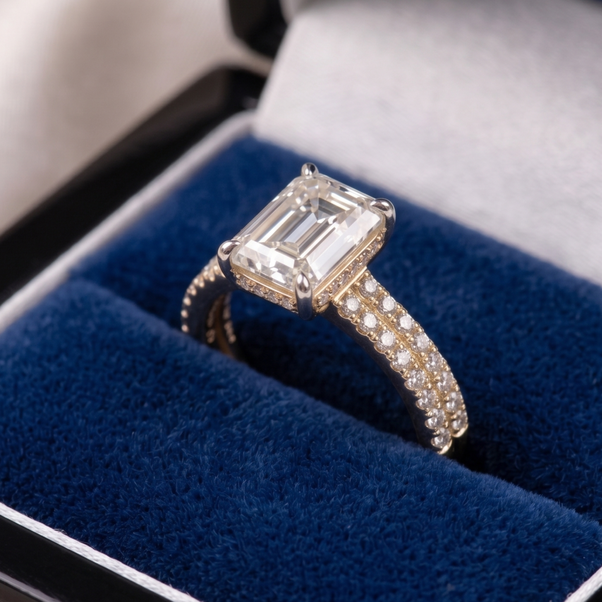 An emerald-cut diamond ring with a silver-toned pavé band, displayed inside a blue velvet ring box.