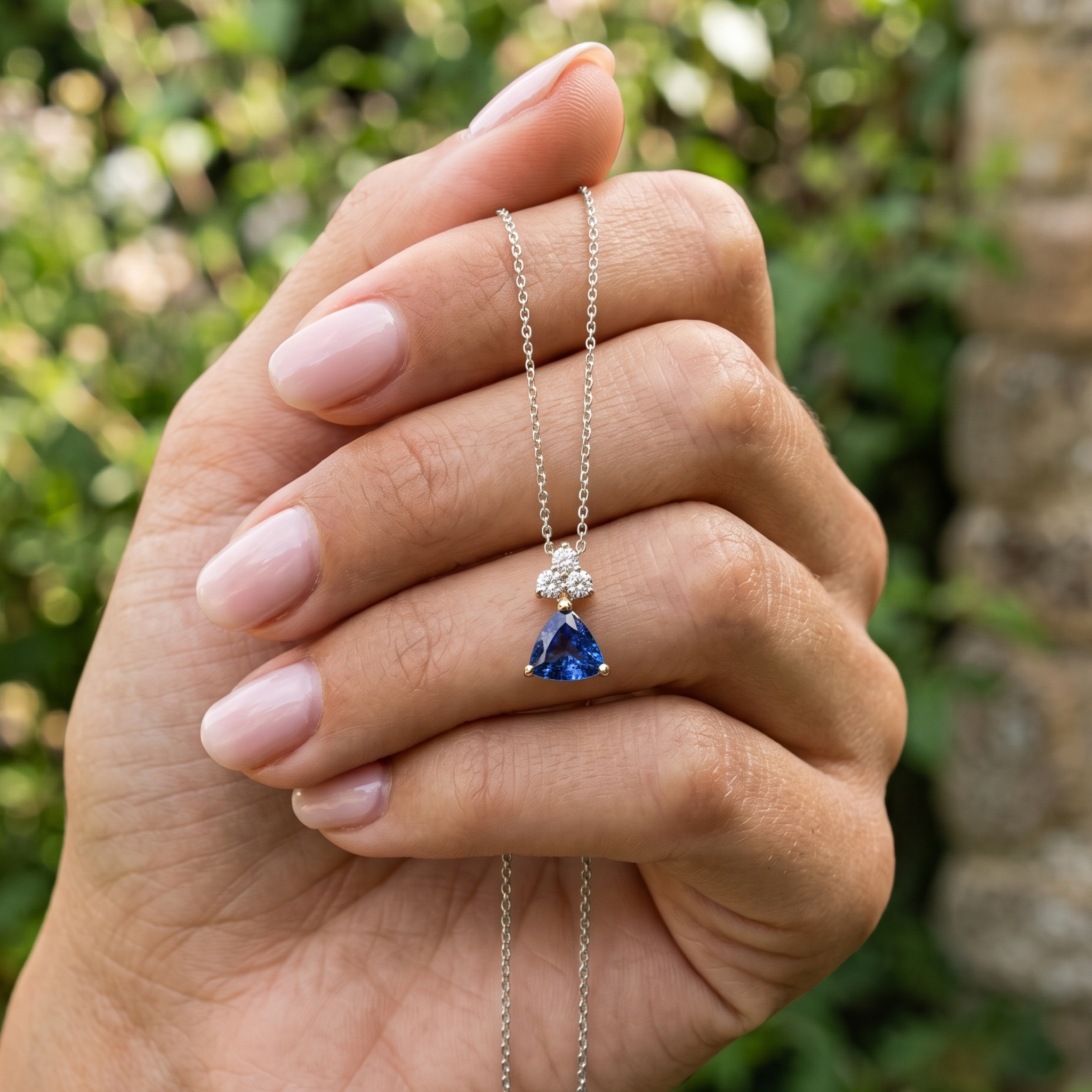 0.96 CTW blue trillion pendant necklace with a 6 mm center stone and three round diamond accents.