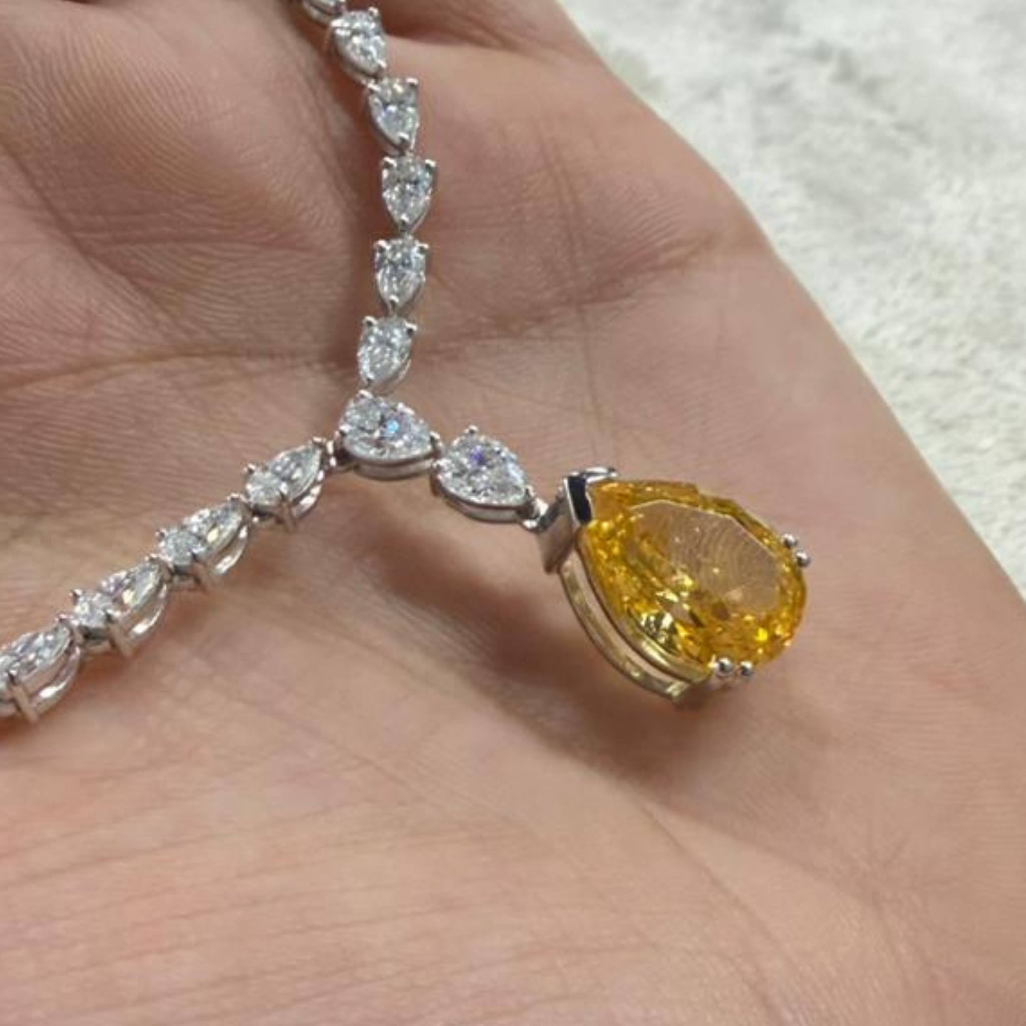 Royal Pear Cascade 27.59 CTW Diamond Tennis Necklace with Yellow Pear Drop in 9K, 14K & 18K Gold