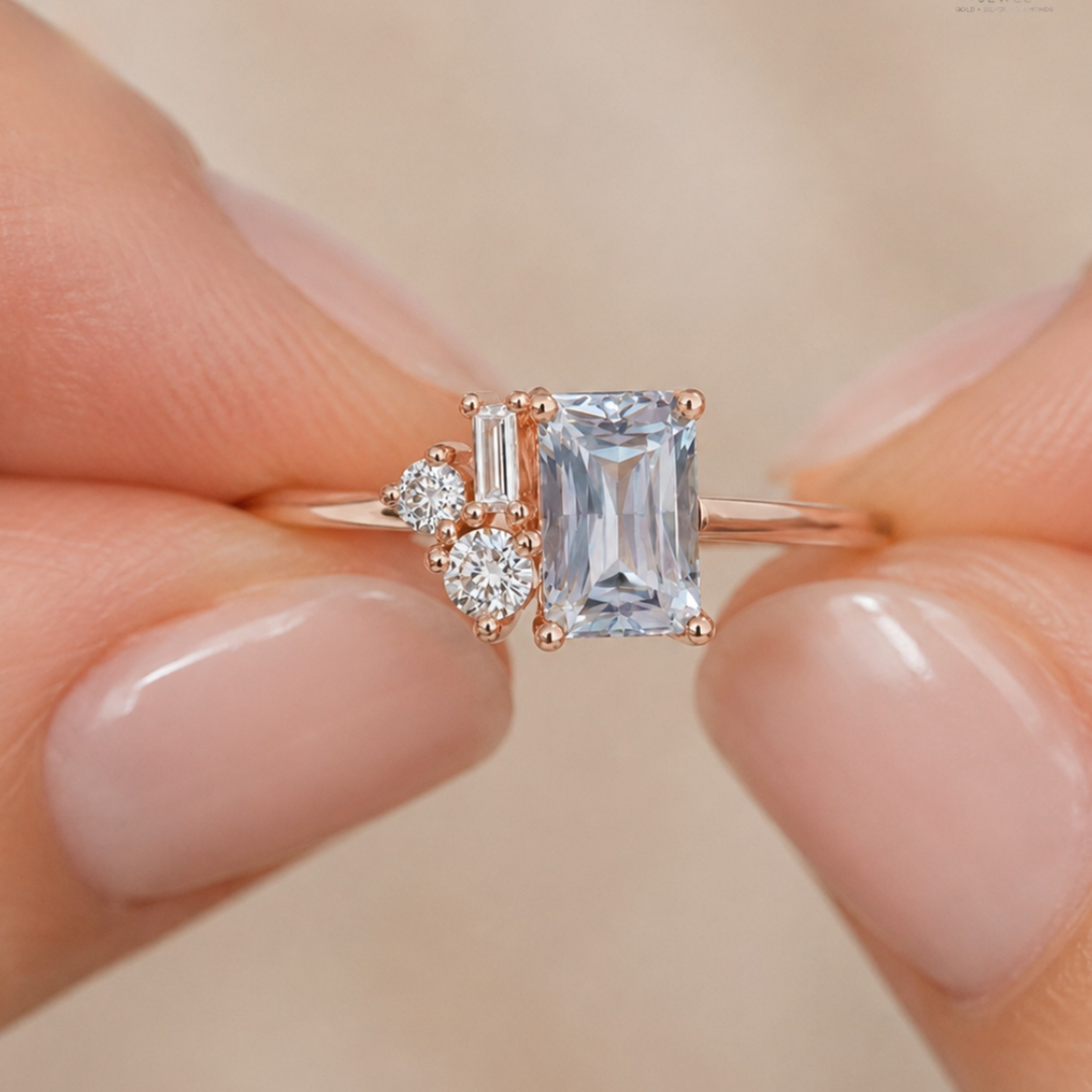 A close-up of a rose gold ring with a large emerald-cut light blue center stone and two small clear accent stones, held between fingers against a soft beige background.