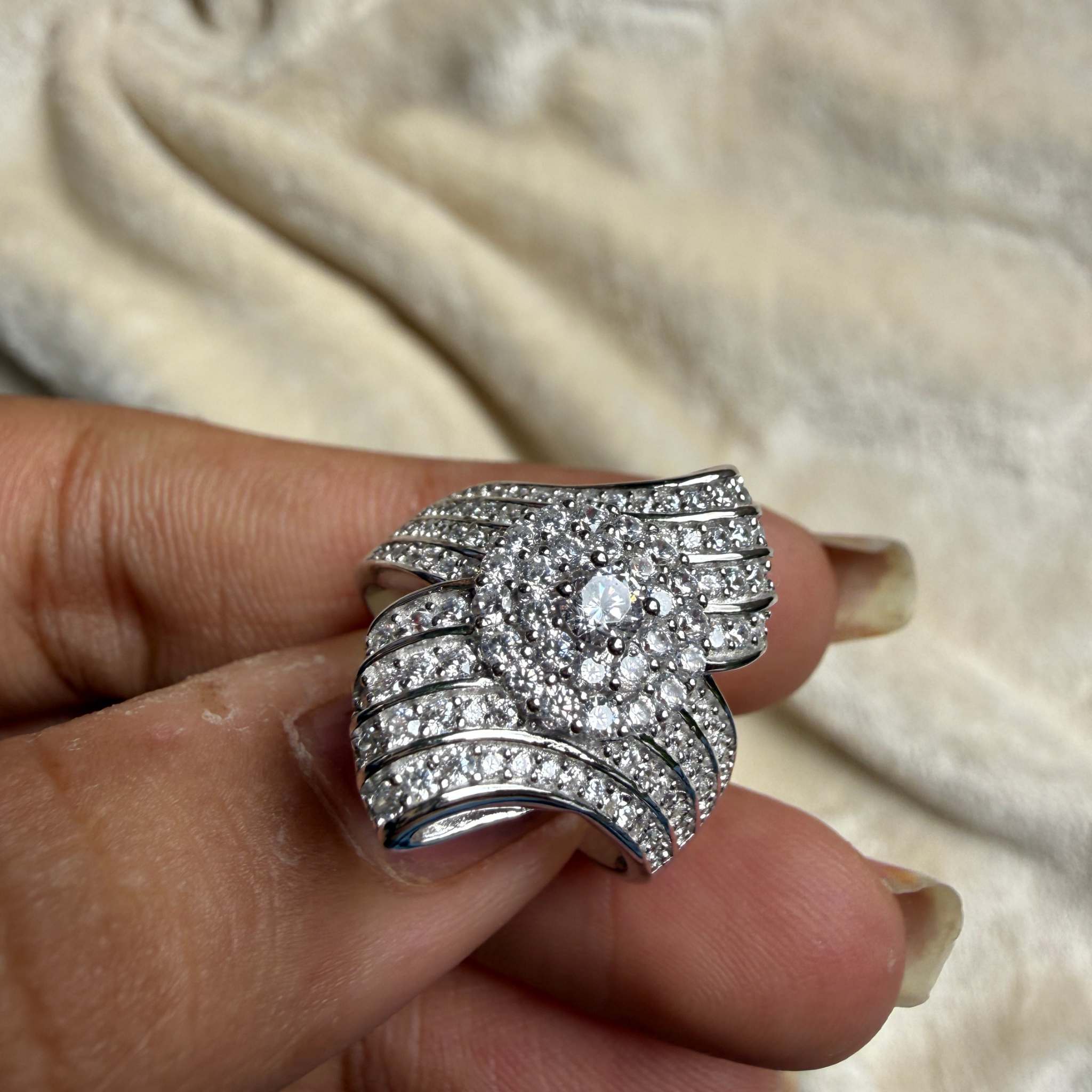 Round lab-grown diamond multi-row statement ring by Kiashaa Jewellery.