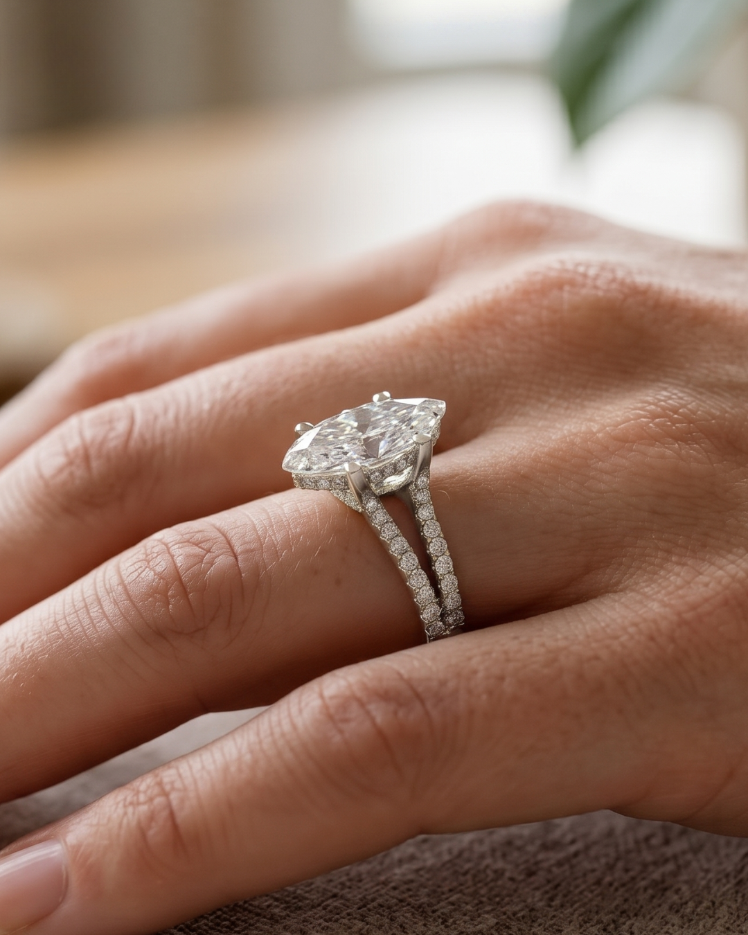 2 carat marquise and round lab-grown diamond ring by Kiashaa Jewellery in rose gold with a modern split band style.