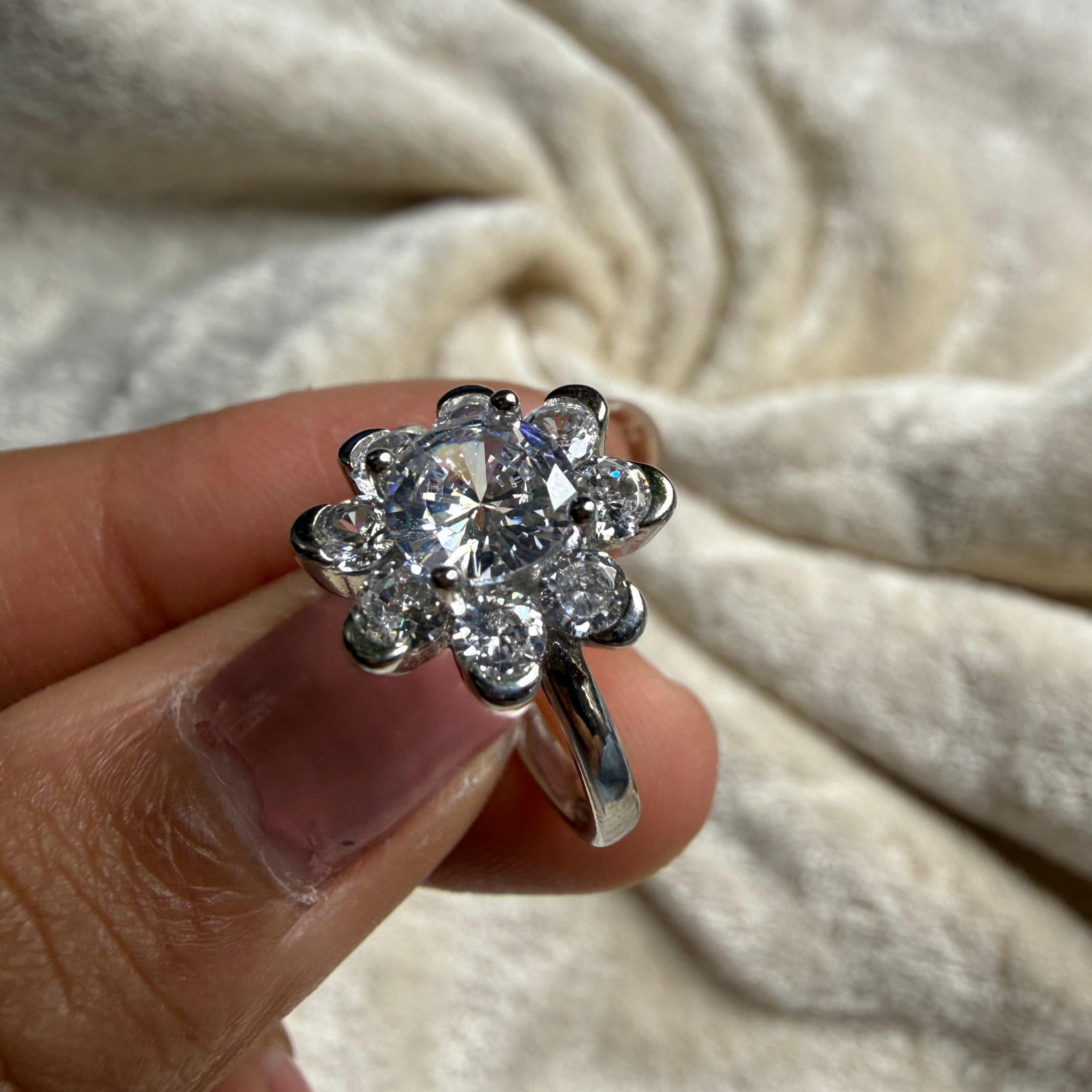 Round floral lab-grown diamond cluster ring in white gold by Kiashaa Jewellery.