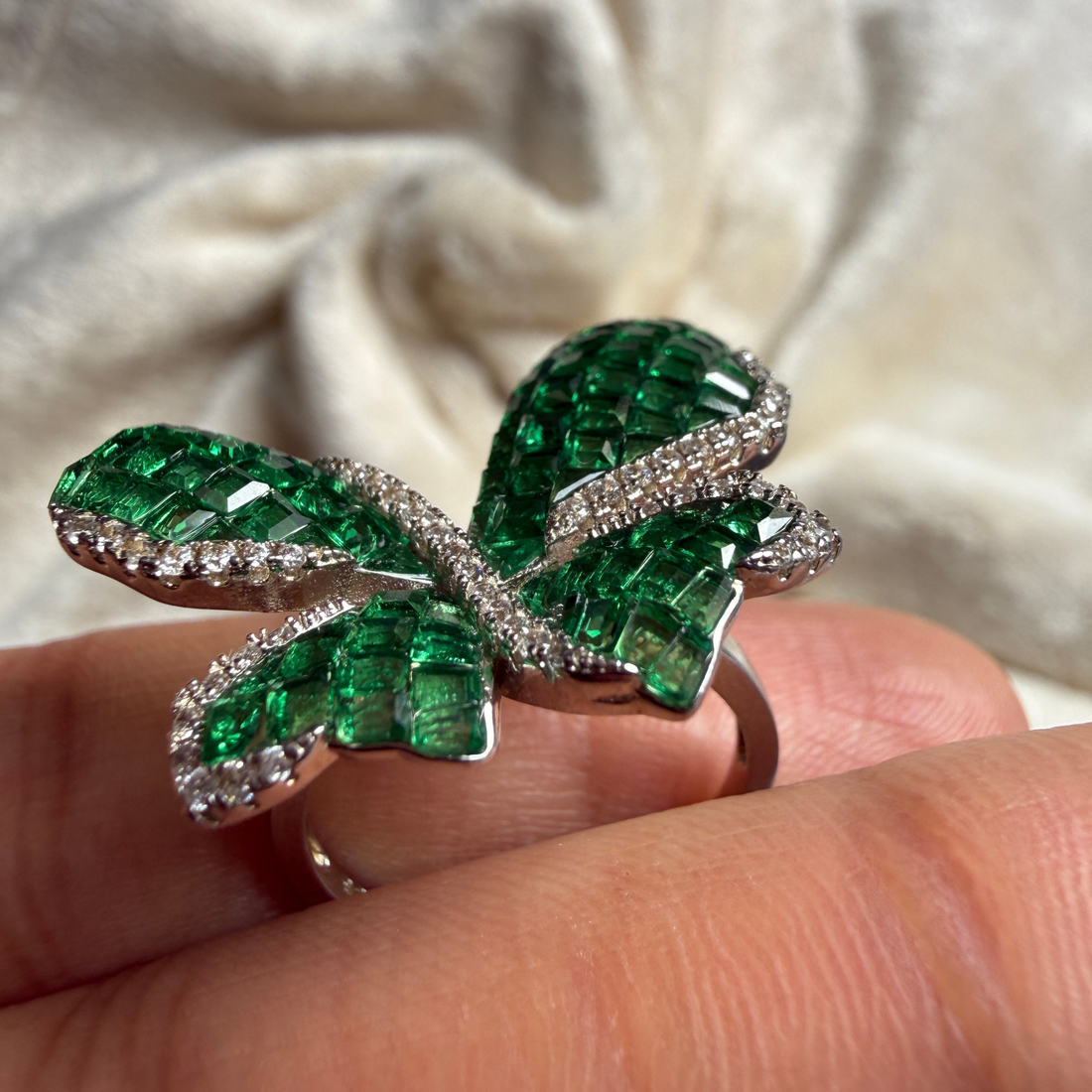 Green CZ butterfly and lab-grown diamond statement ring by Kiashaa Jewellery.