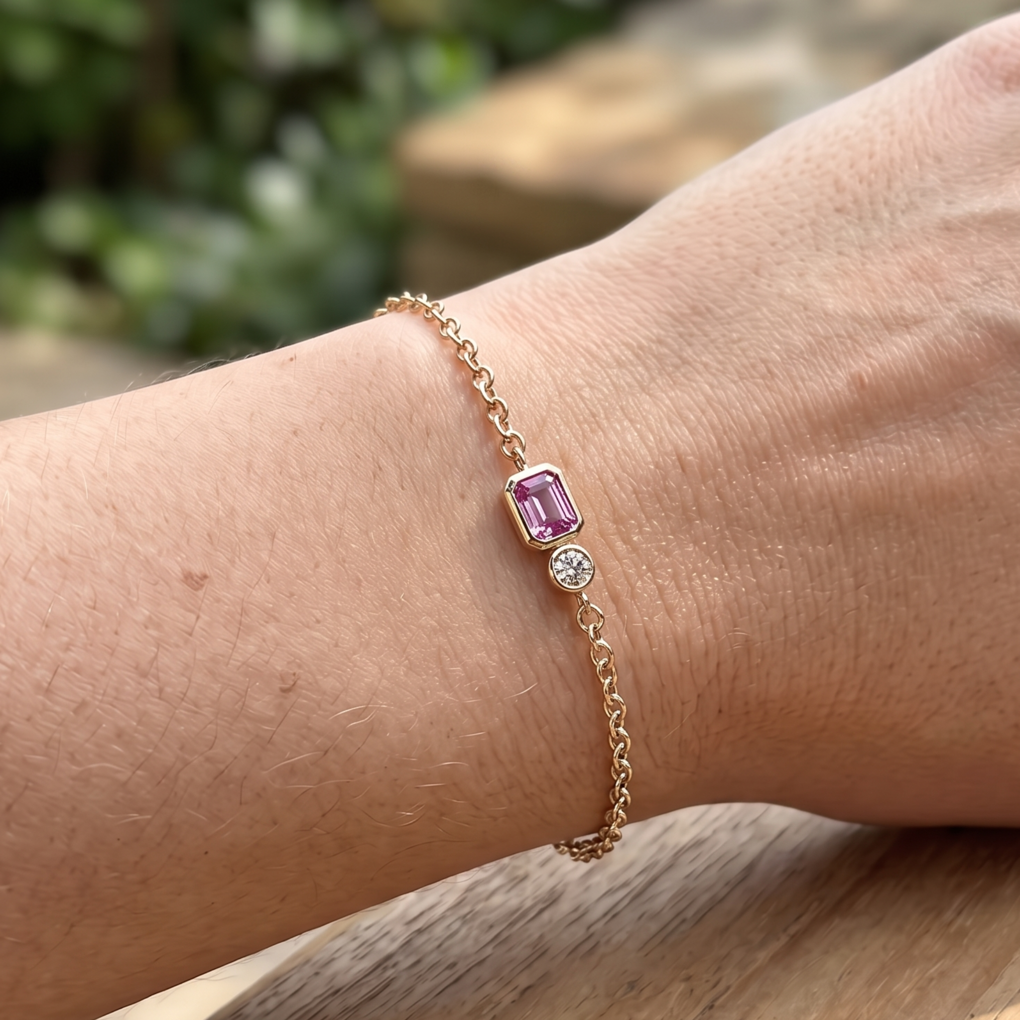 Kiashaa Jewellery 1.14 CTW pink emerald and round diamond bracelet in polished yellow gold.