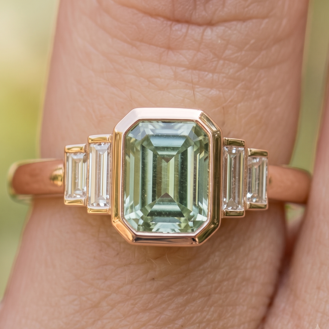 Kiashaa Jewellery 2.13 CTW green emerald and baguette diamond ring in polished yellow gold.