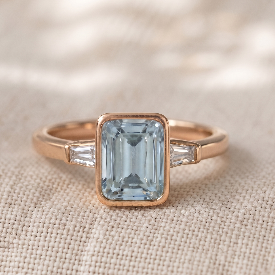 Aqua Cushion 1.351 CTW Cushion & Tapered Baguette Three-Stone Ring in 9K, 14K & 18K Gold