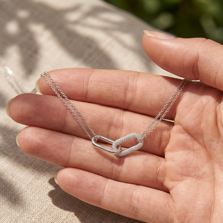 Eternal Link 0.40 CTW diamond necklace by Kiashaa Jewellery featuring interlocking elongated links in yellow gold.