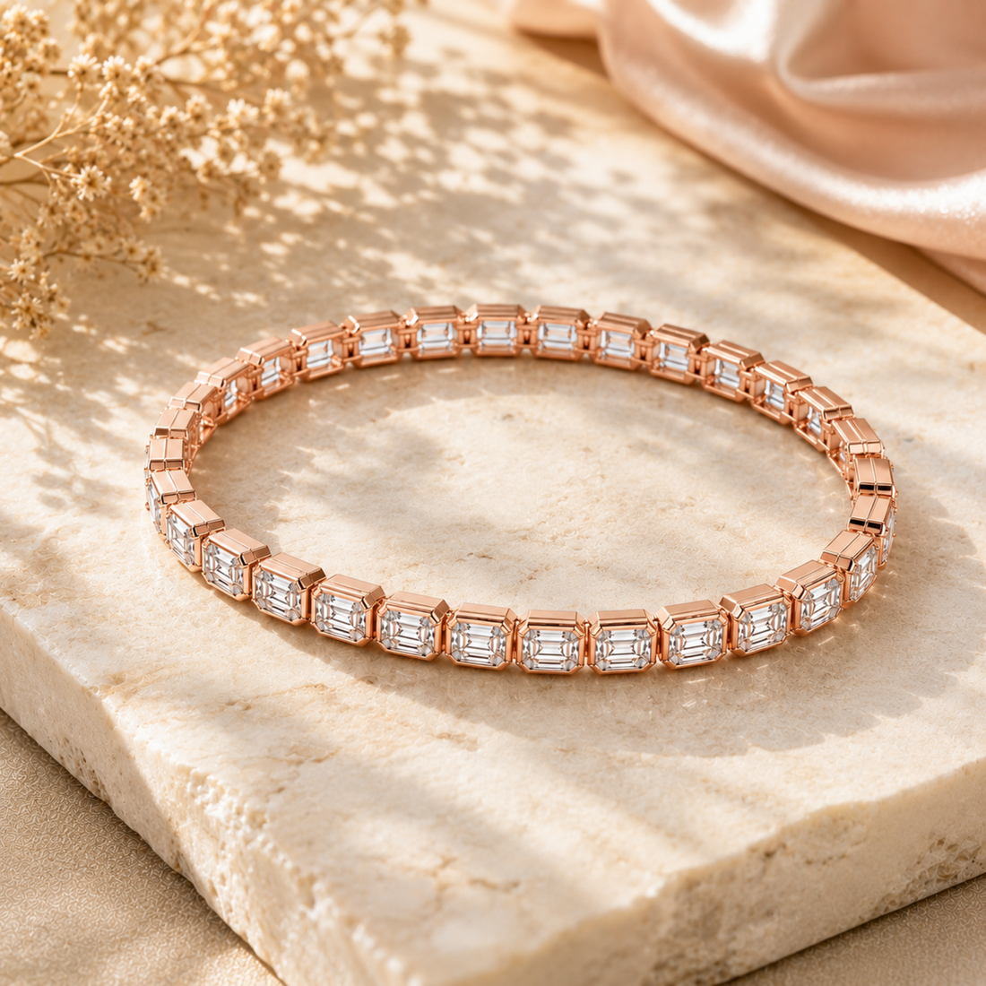 A rose gold tennis bracelet with rectangular Emerald -cut clear stones, displayed on a beige stone slab with soft dried flowers and satin fabric in the background.