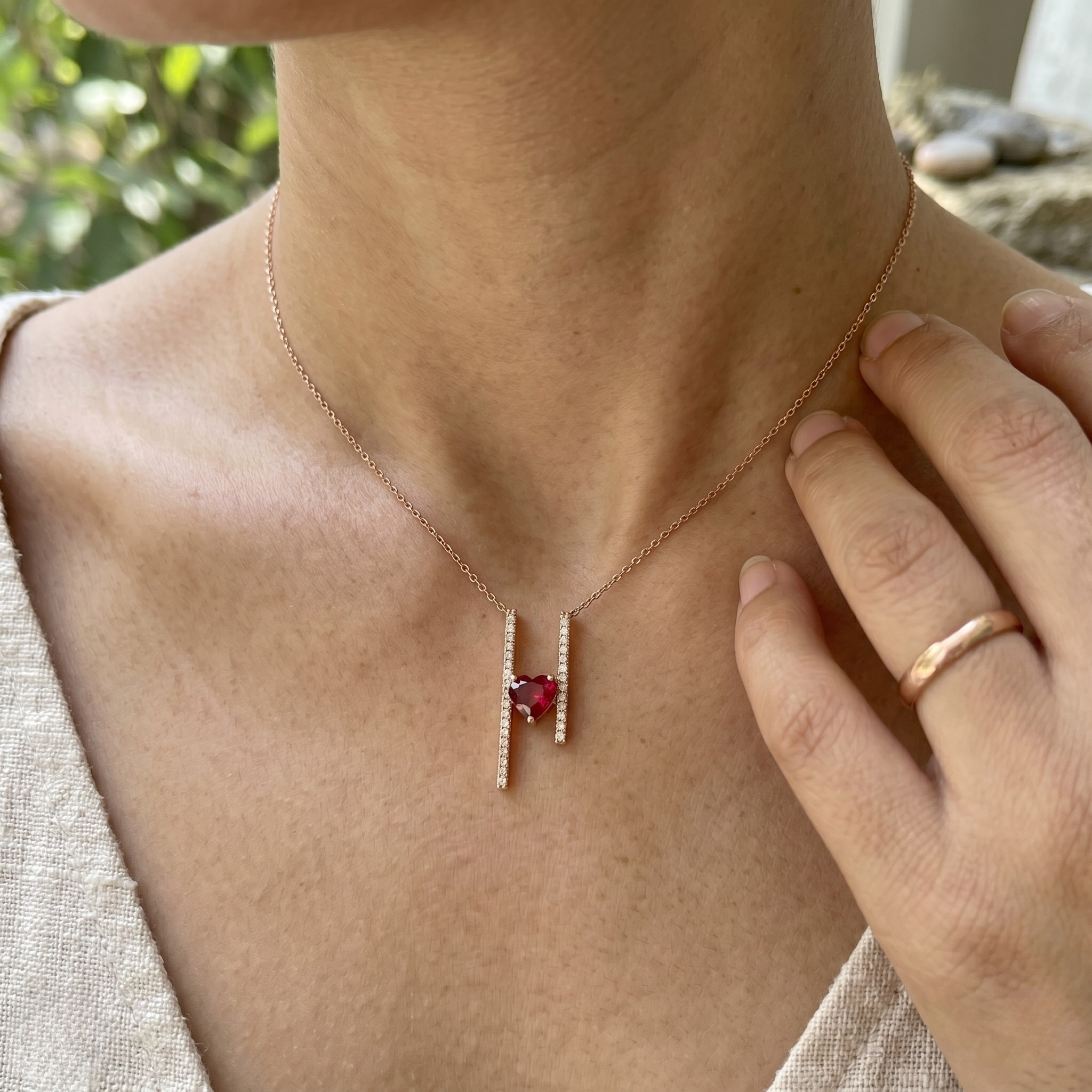 Red heart gemstone and lab-grown diamond pendant necklace by Kiashaa Jewellery in rose gold.