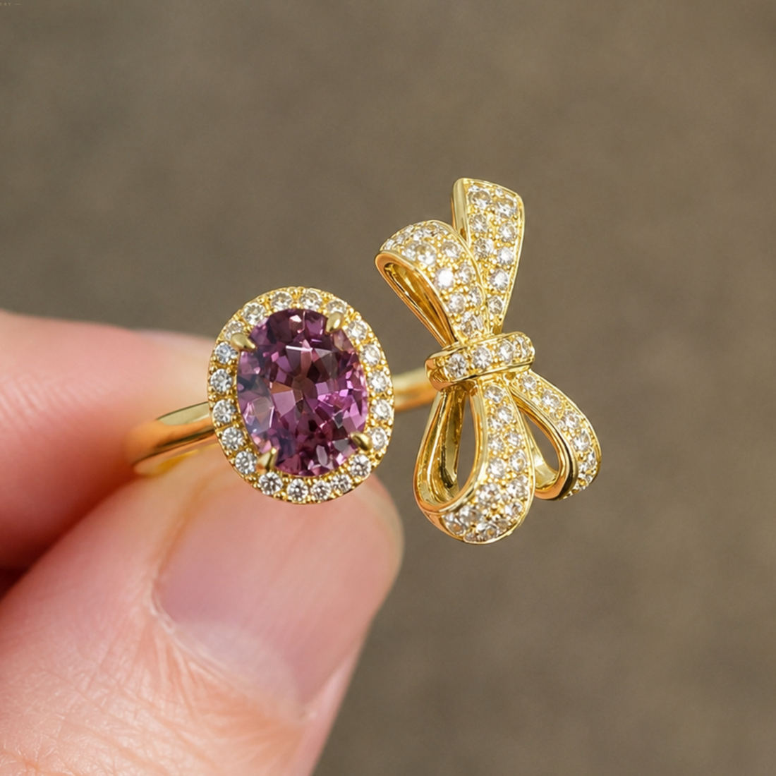 Rosette Bow 3 CTW pink oval diamond open ring by Kiashaa Jewellery in white gold with a bow-inspired diamond design.