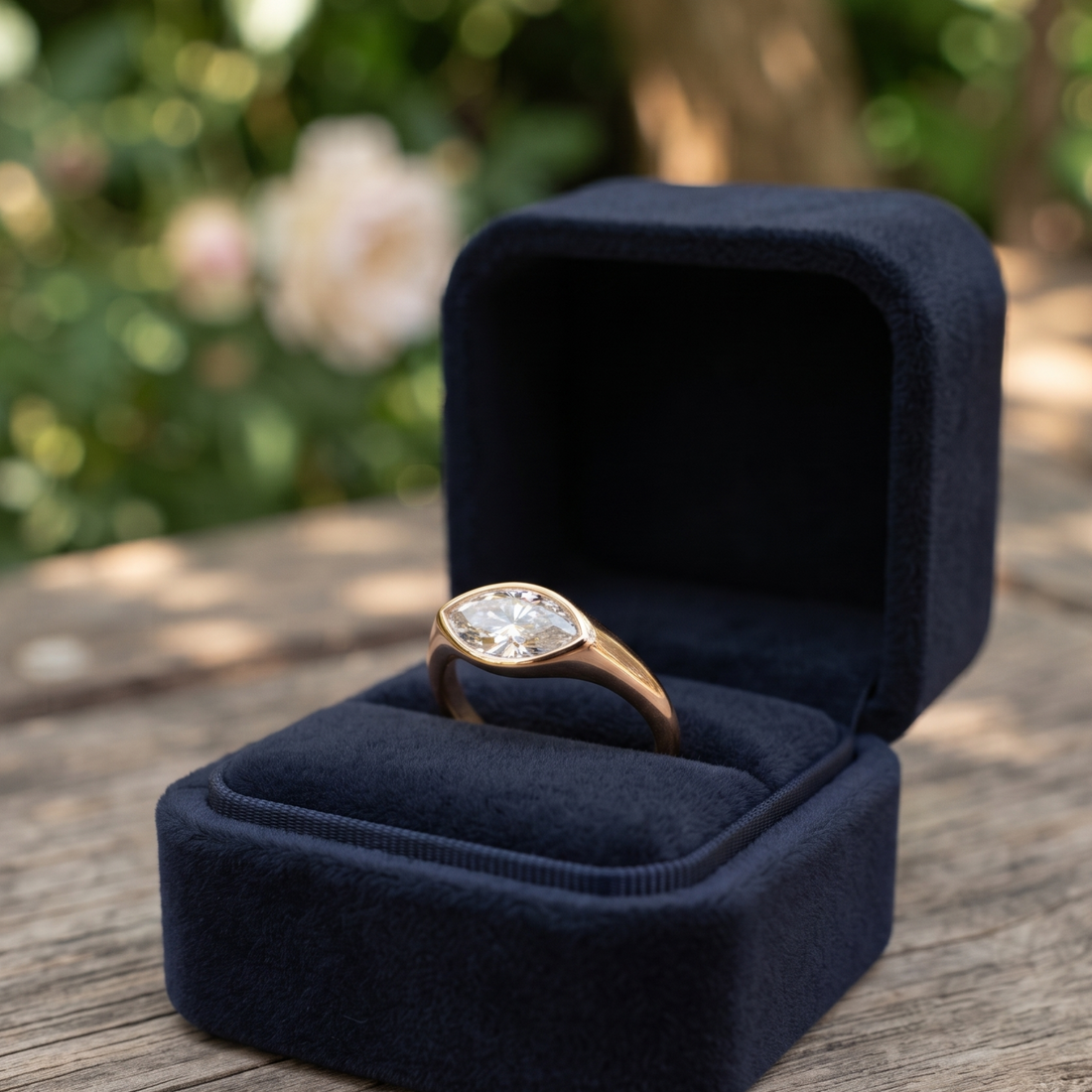 Kiashaa Jewellery 1.76 CT marquise bezel diamond ring in polished yellow gold.