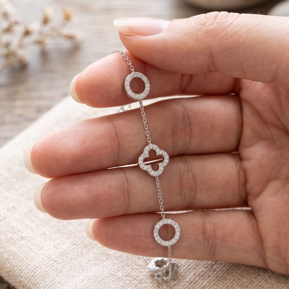 Kiashaa Jewellery 0.875 CTW diamond clover station bracelet in polished yellow gold.