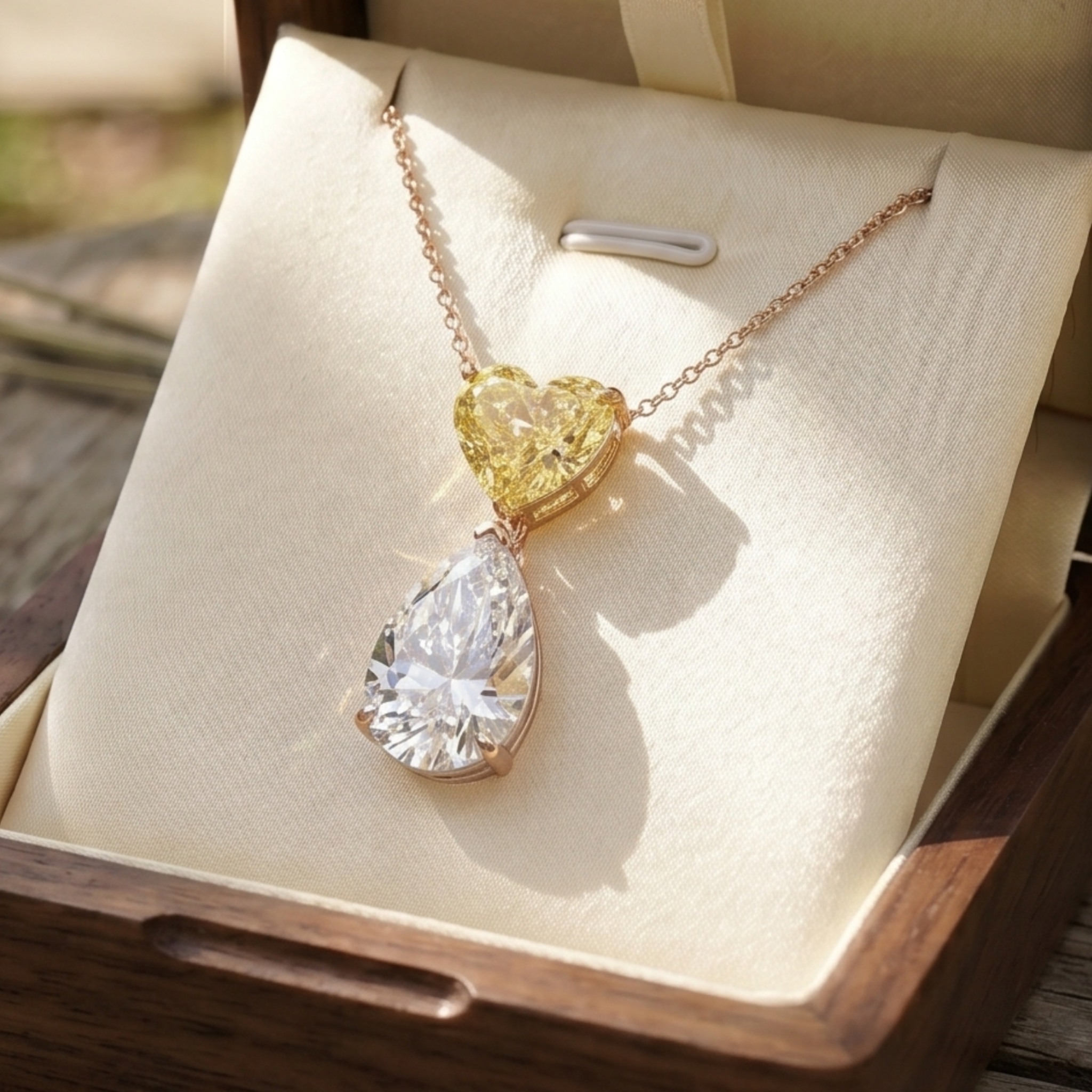 Golden Amour 5 CT Heart & Pear Diamond Drop Necklace