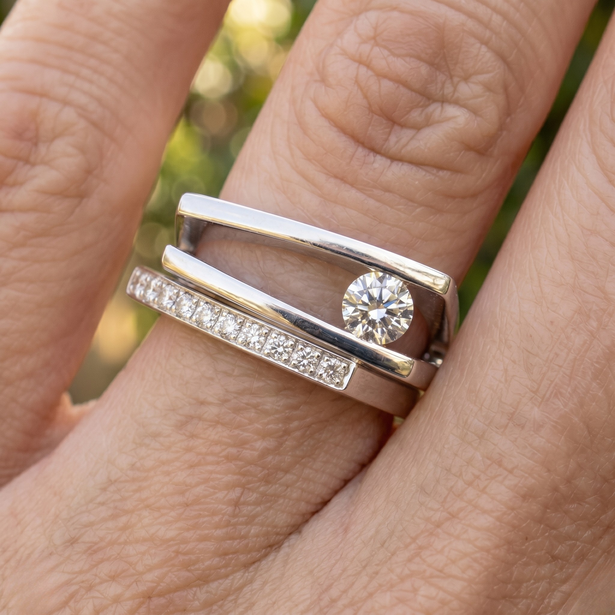 Geometric open-frame lab-grown diamond ring in white gold by Kiashaa Jewellery with 0.62 CTW of round diamonds.