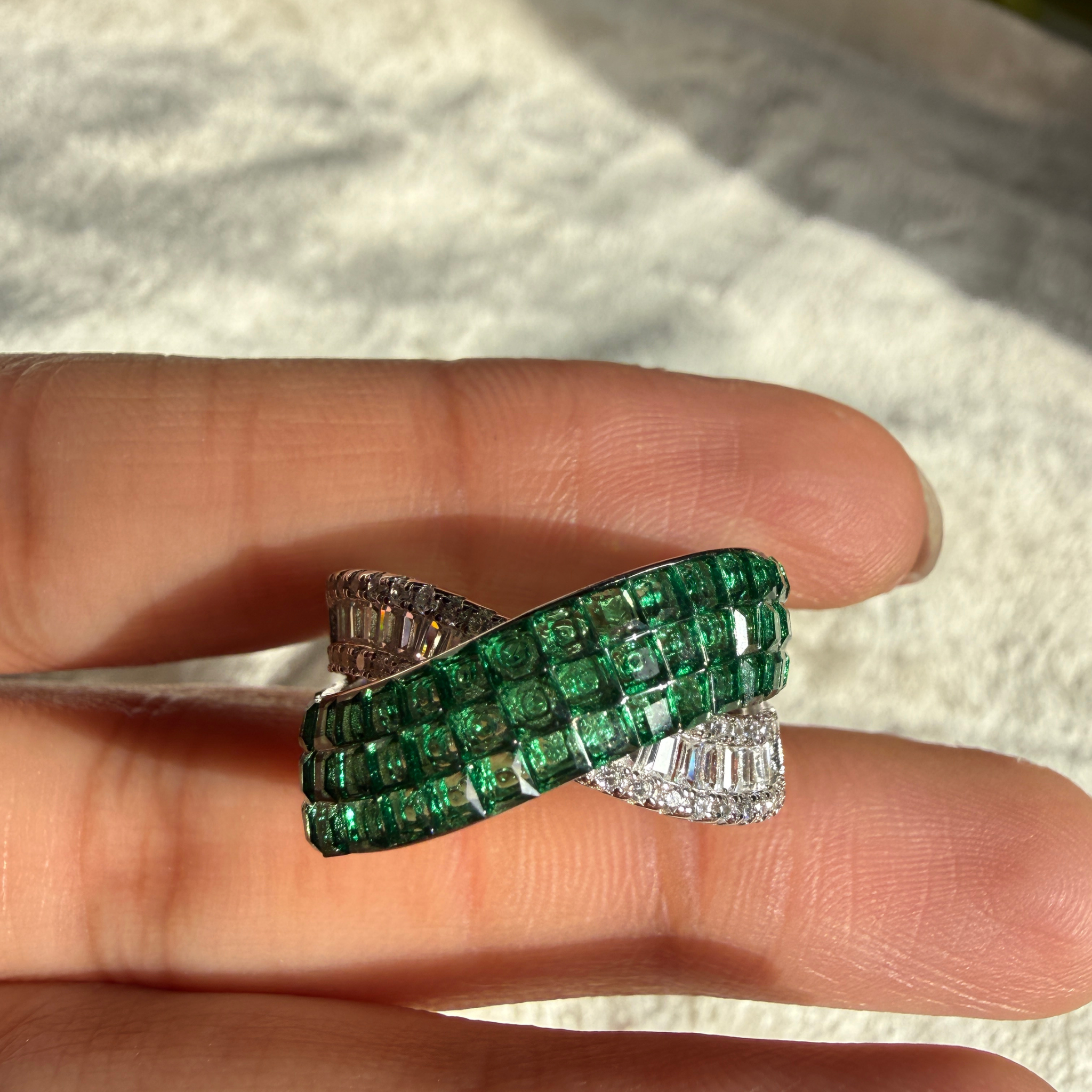 Green CZ and lab-grown diamond bypass statement ring by Kiashaa Jewellery.